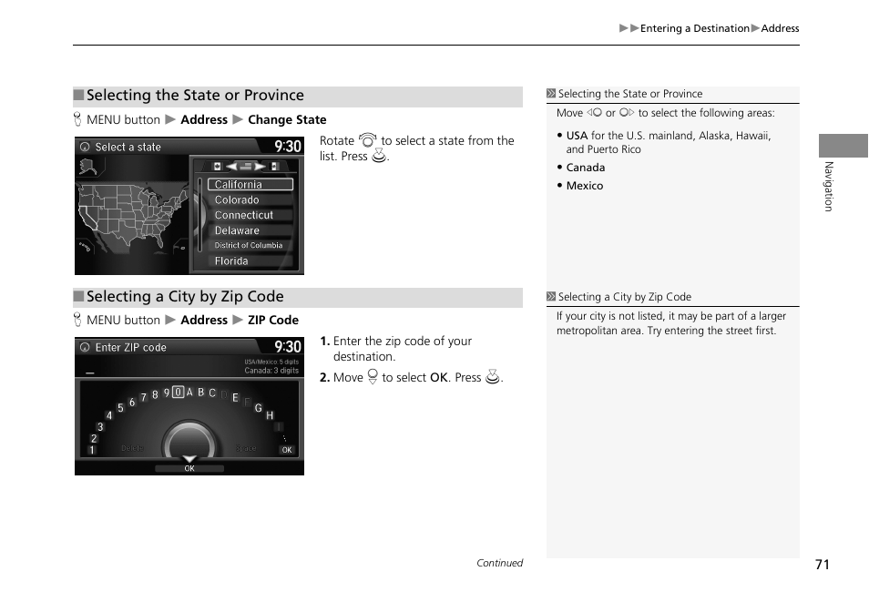 2 selecting a city by zip code, P. 71, 2 selecting the state or province | HONDA 2013 Accord Crosstour Navigation User Manual | Page 73 / 153