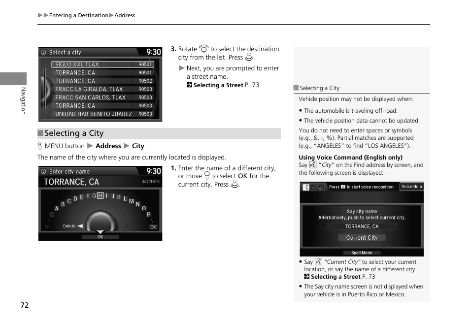 2 selecting a city, P. 72 | HONDA 2013 Accord Crosstour Navigation User Manual | Page 74 / 153