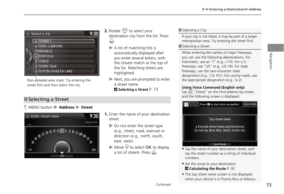 Reet, 2 selecting a street, P. 73 | HONDA 2013 Accord Crosstour Navigation User Manual | Page 75 / 153