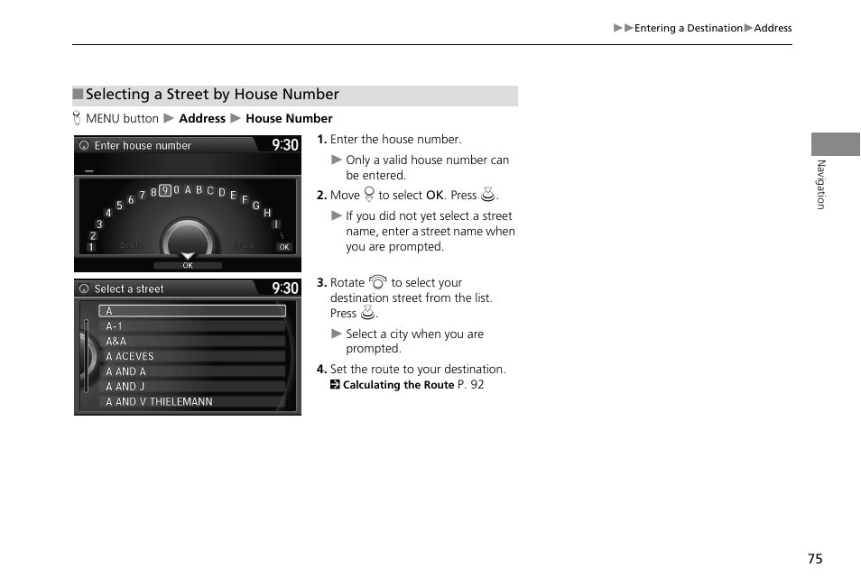 2 selecting a street by house number, P. 75 | HONDA 2013 Accord Crosstour Navigation User Manual | Page 77 / 153
