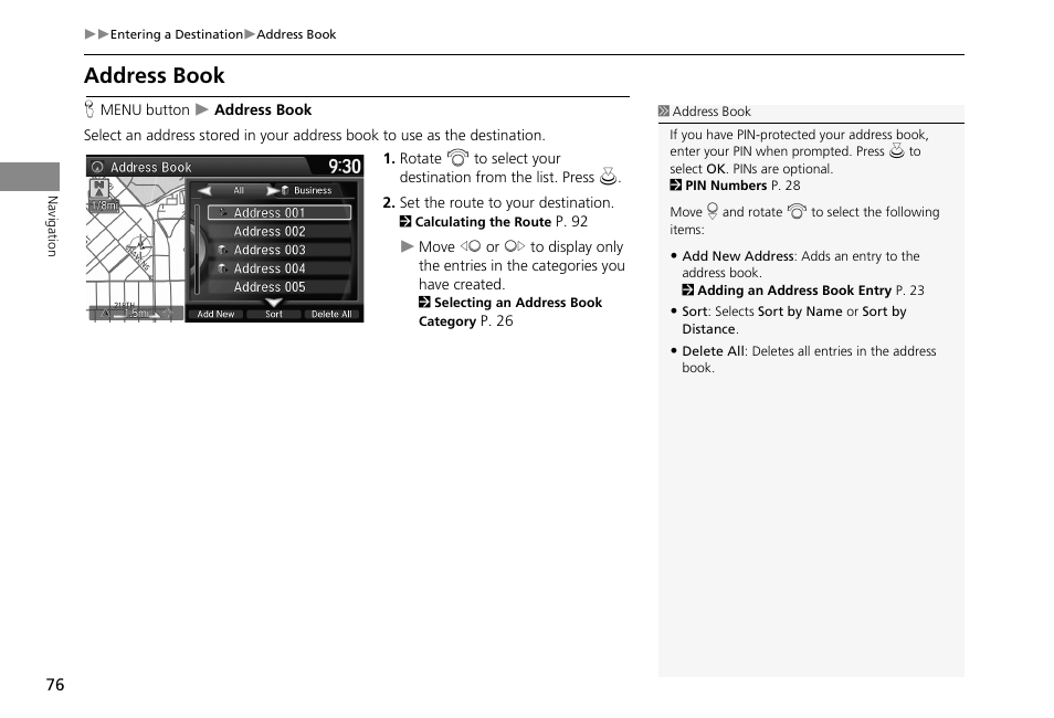 Address book, 2 address book, P. 76 | HONDA 2013 Accord Crosstour Navigation User Manual | Page 78 / 153