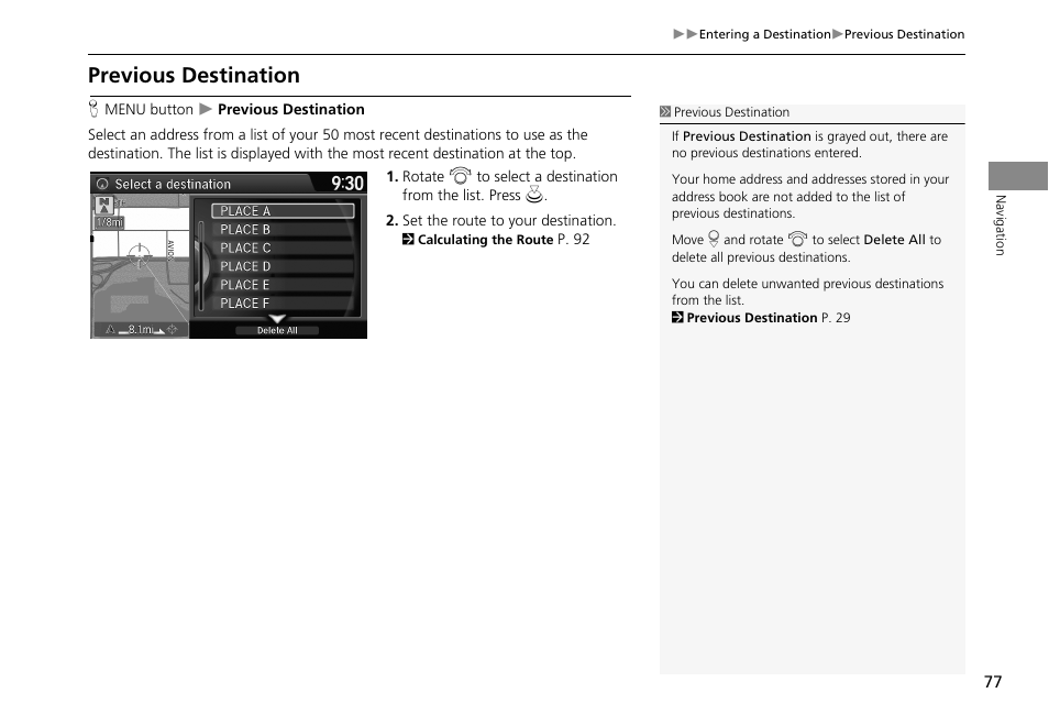 2 previous destination, P. 77, Previous destination | HONDA 2013 Accord Crosstour Navigation User Manual | Page 79 / 153