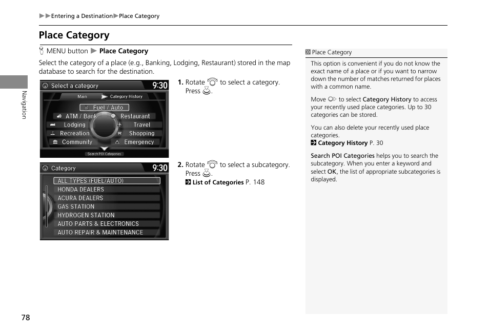 2 place category, P. 78, Place category | HONDA 2013 Accord Crosstour Navigation User Manual | Page 80 / 153