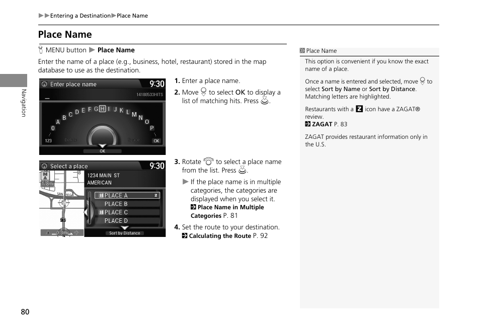 2 place name, P. 80, Place name | HONDA 2013 Accord Crosstour Navigation User Manual | Page 82 / 153