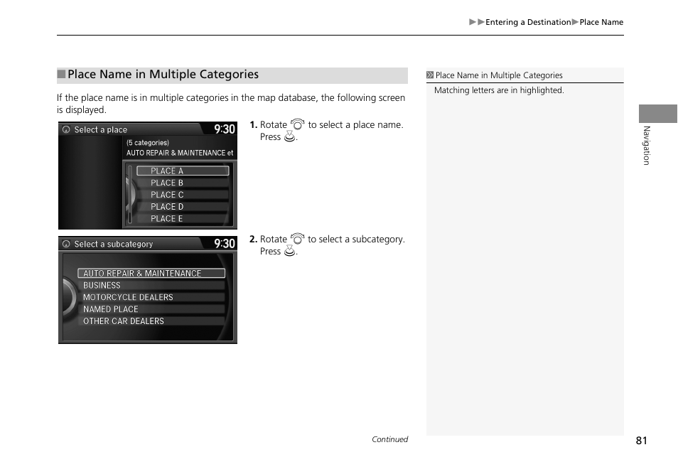 U select it, 2 place name in multiple categories, P. 81 | HONDA 2013 Accord Crosstour Navigation User Manual | Page 83 / 153