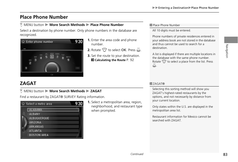 Place phone number zagat, 2 place phone number, P. 83 | 2 zagat, 2 zagat p. 83, Place phone number, Zagat | HONDA 2013 Accord Crosstour Navigation User Manual | Page 85 / 153