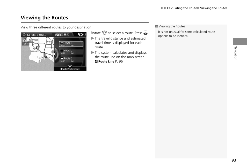 P93), Viewing the routes, 2 viewing the routes | P. 93 | HONDA 2013 Accord Crosstour Navigation User Manual | Page 95 / 153