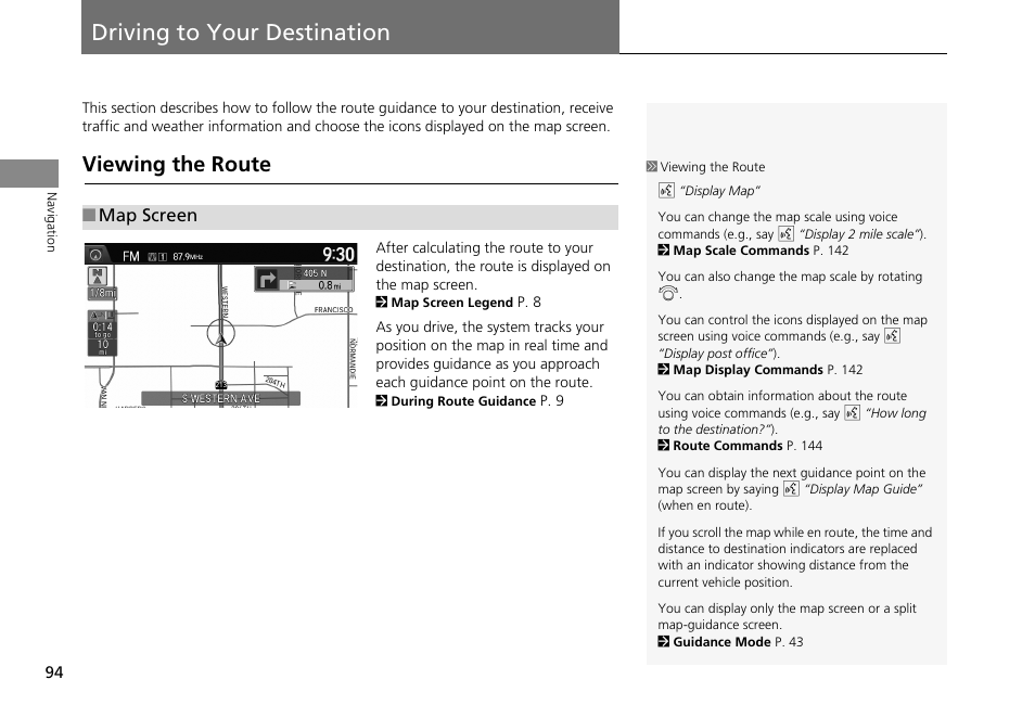 Driving to your destination 94, P94), Driving to your destination | Viewing the route, 2 driving to your destination, P. 94 | HONDA 2013 Accord Crosstour Navigation User Manual | Page 96 / 153