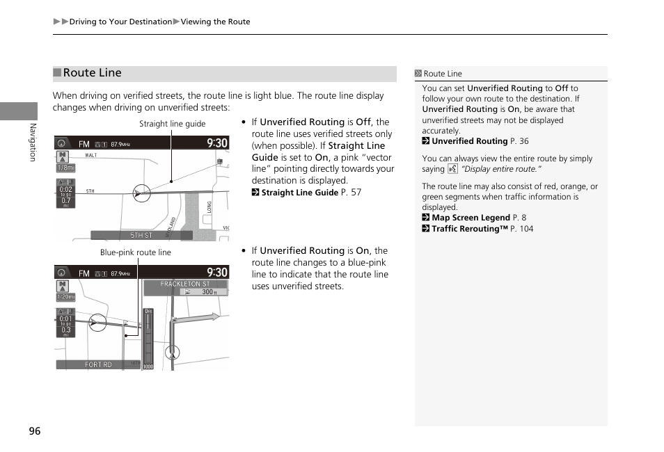 P96), P screen, 2 route line | P. 96, Route line | HONDA 2013 Accord Crosstour Navigation User Manual | Page 98 / 153
