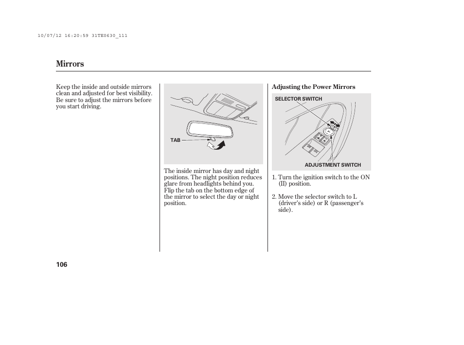 Mirrors | HONDA 2011 Accord Coupe User Manual | Page 112 / 458