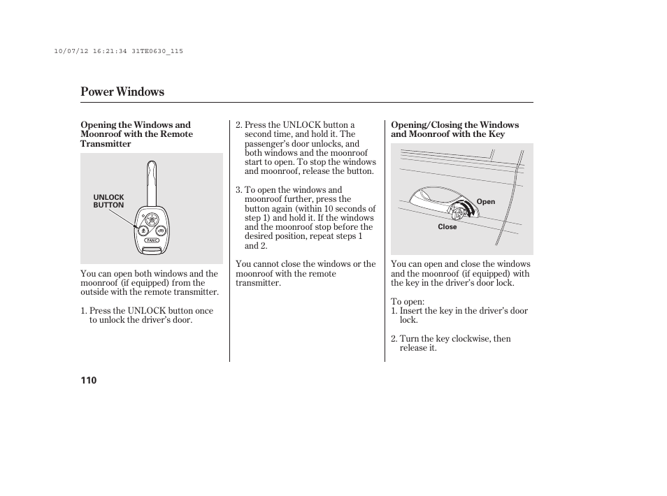 Power windows | HONDA 2011 Accord Coupe User Manual | Page 116 / 458