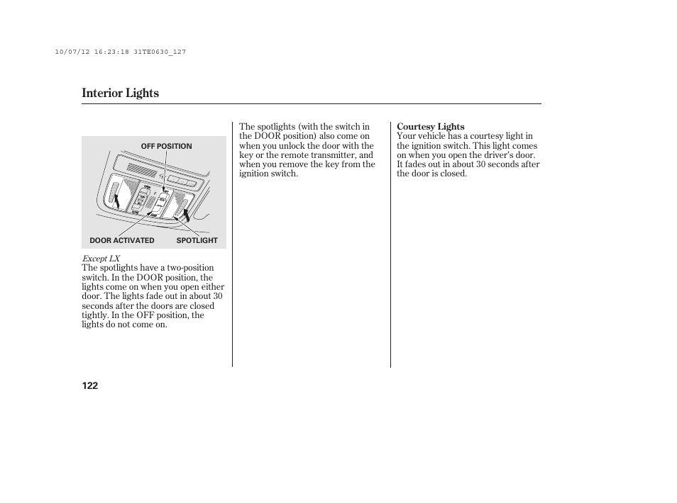 Interior lights | HONDA 2011 Accord Coupe User Manual | Page 128 / 458