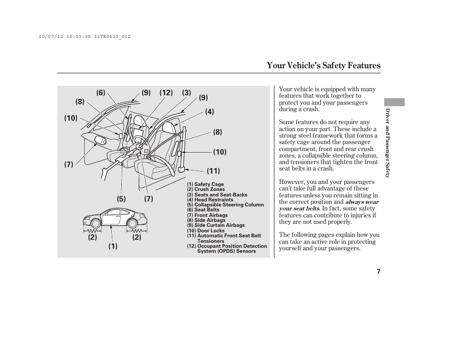 Your vehicle’s safety features | HONDA 2011 Accord Coupe User Manual | Page 13 / 458