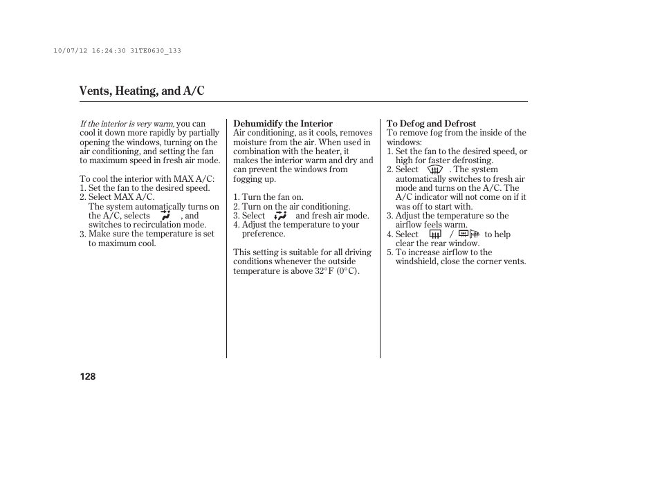 Vents, heating, and a/c | HONDA 2011 Accord Coupe User Manual | Page 134 / 458