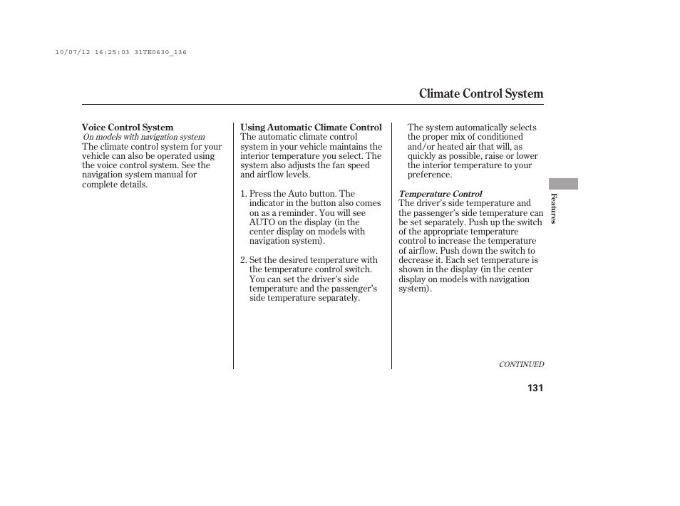 Climate control system | HONDA 2011 Accord Coupe User Manual | Page 137 / 458