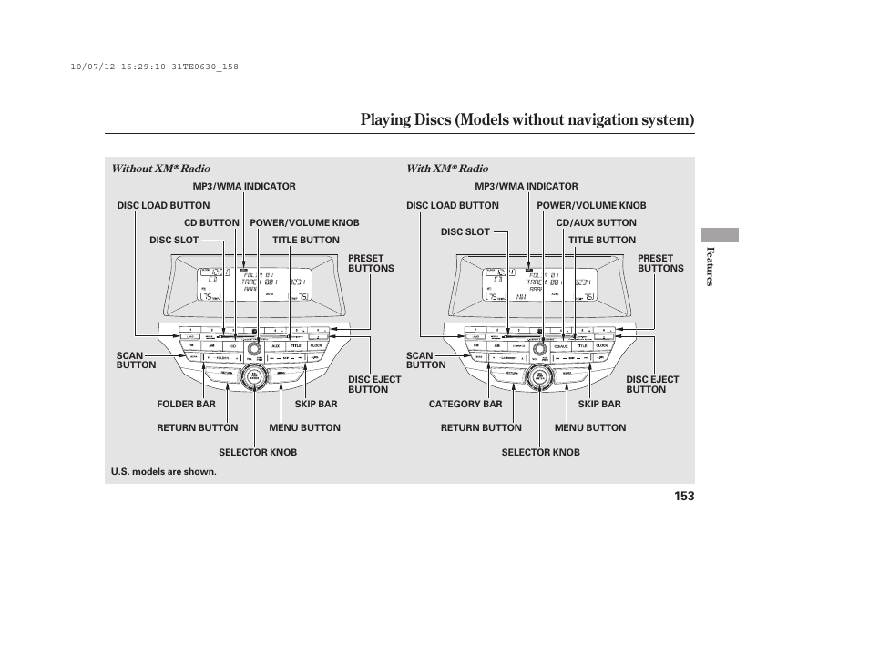 Playing discs (models without navigation system) | HONDA 2011 Accord Coupe User Manual | Page 159 / 458
