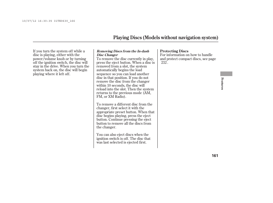 Playing discs (models without navigation system) | HONDA 2011 Accord Coupe User Manual | Page 167 / 458