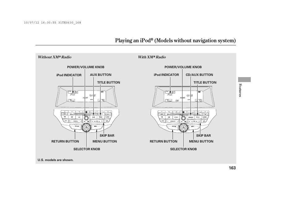 Playing an ipod (models without navigation system) | HONDA 2011 Accord Coupe User Manual | Page 169 / 458