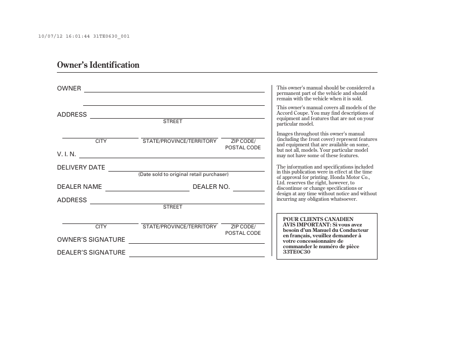 Owner’s identification | HONDA 2011 Accord Coupe User Manual | Page 2 / 458