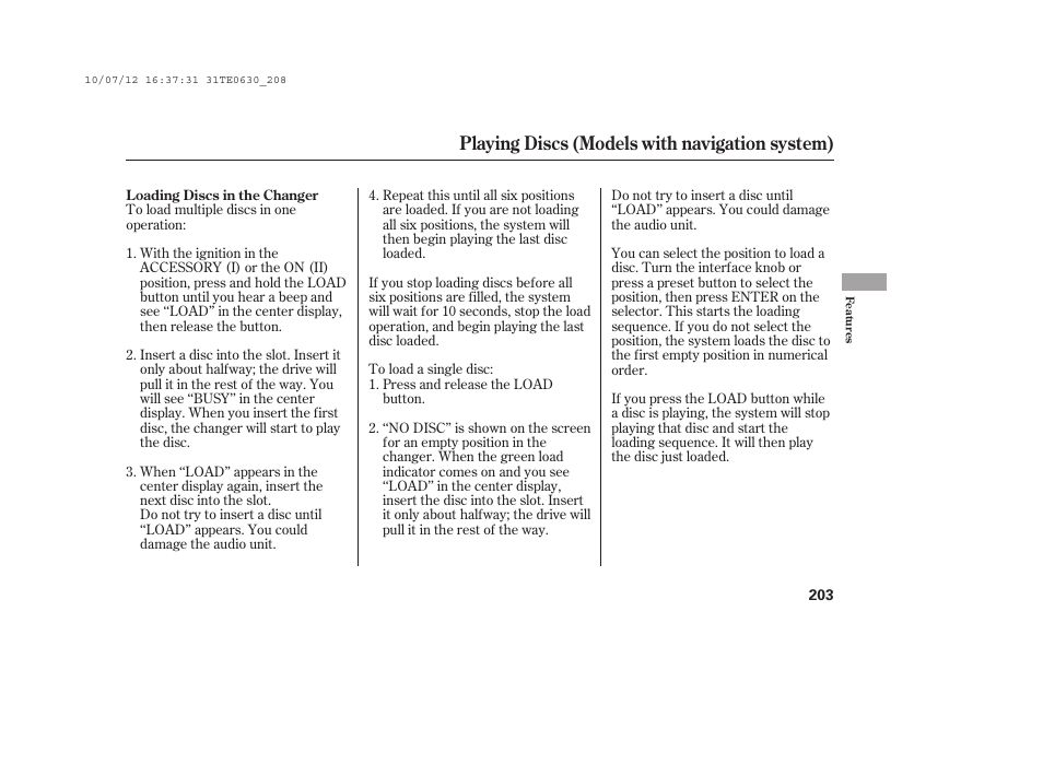 Playing discs (models with navigation system) | HONDA 2011 Accord Coupe User Manual | Page 209 / 458