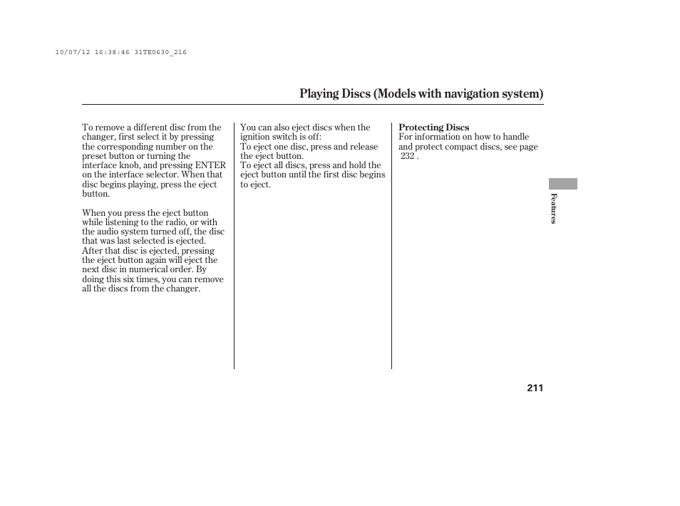 Playing discs (models with navigation system) | HONDA 2011 Accord Coupe User Manual | Page 217 / 458