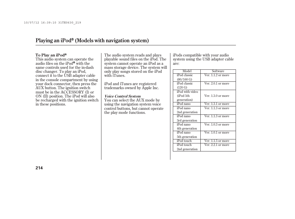 Playing an ipod (models with navigation system) | HONDA 2011 Accord Coupe User Manual | Page 220 / 458