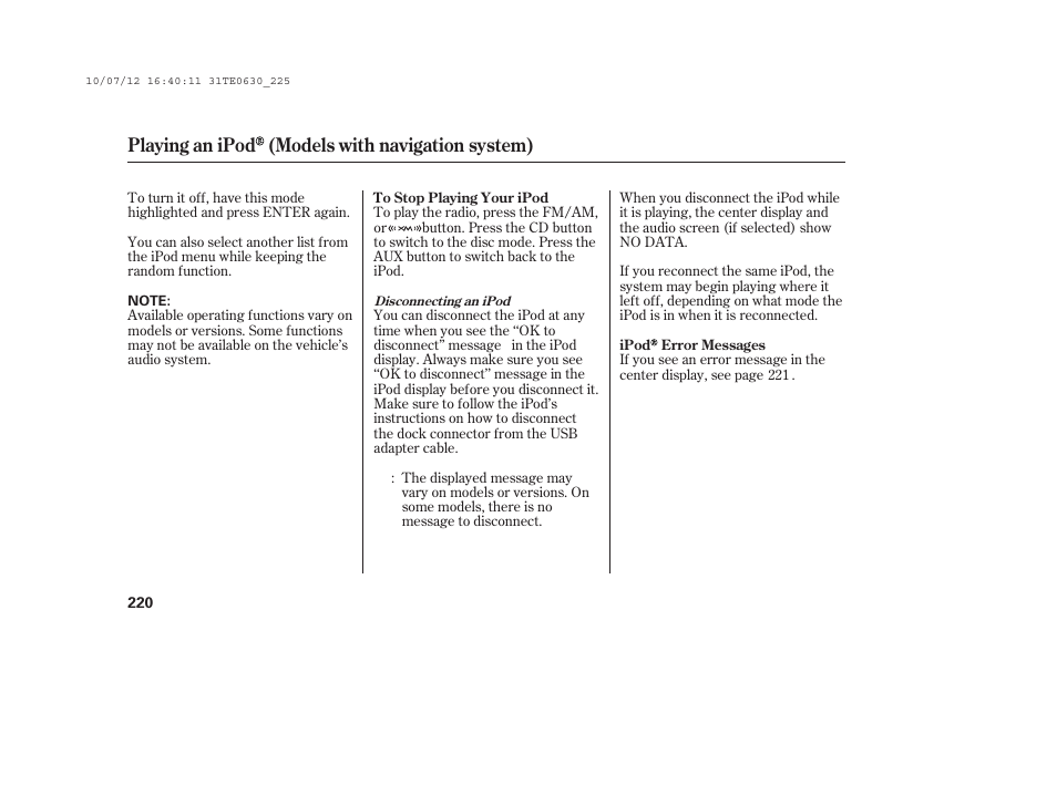 Playing an ipod (models with navigation system) | HONDA 2011 Accord Coupe User Manual | Page 226 / 458