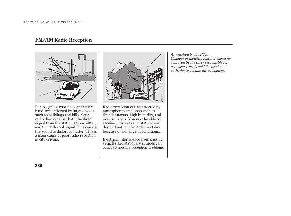 Fm/am radio reception | HONDA 2011 Accord Coupe User Manual | Page 242 / 458