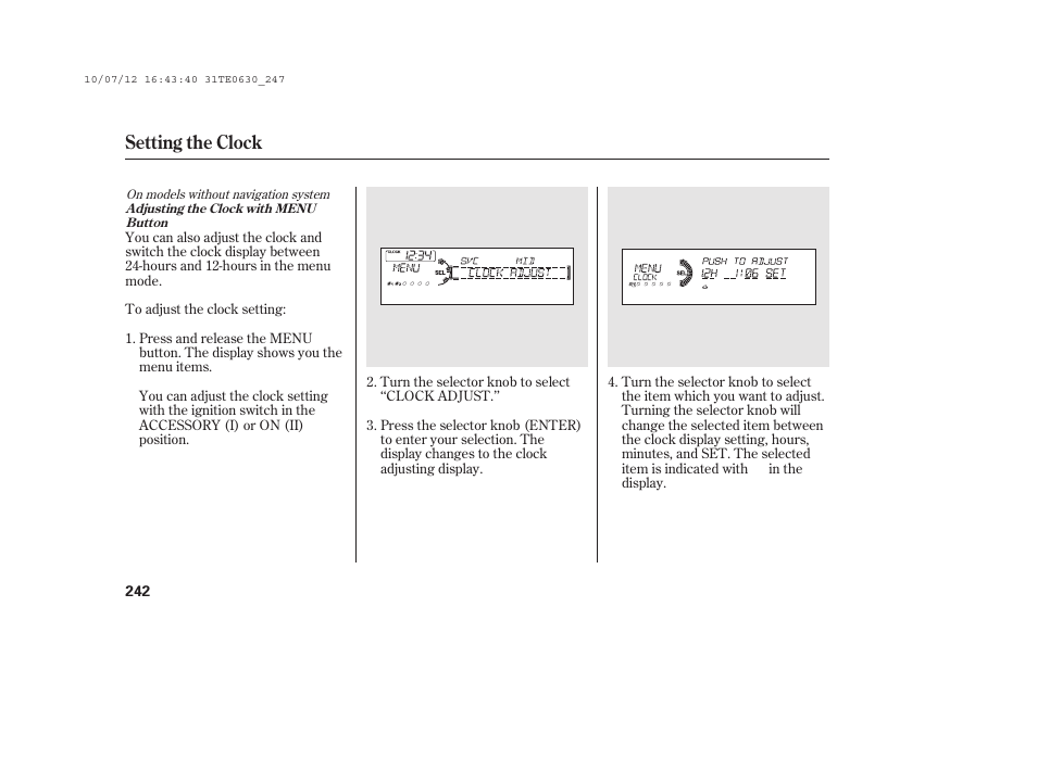 Setting the clock | HONDA 2011 Accord Coupe User Manual | Page 248 / 458