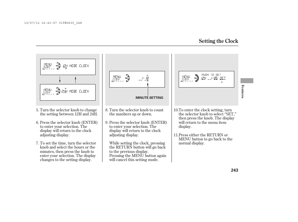 Setting the clock | HONDA 2011 Accord Coupe User Manual | Page 249 / 458