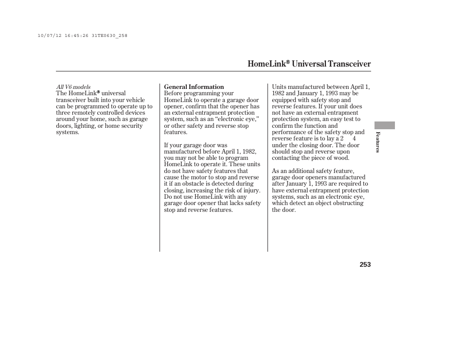 Homelink universal transceiver | HONDA 2011 Accord Coupe User Manual | Page 259 / 458