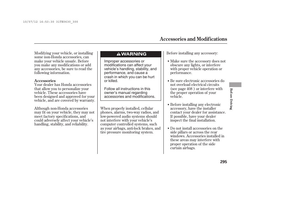 Accessories and modifications | HONDA 2011 Accord Coupe User Manual | Page 301 / 458