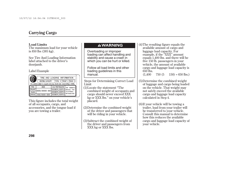 Carrying cargo | HONDA 2011 Accord Coupe User Manual | Page 304 / 458