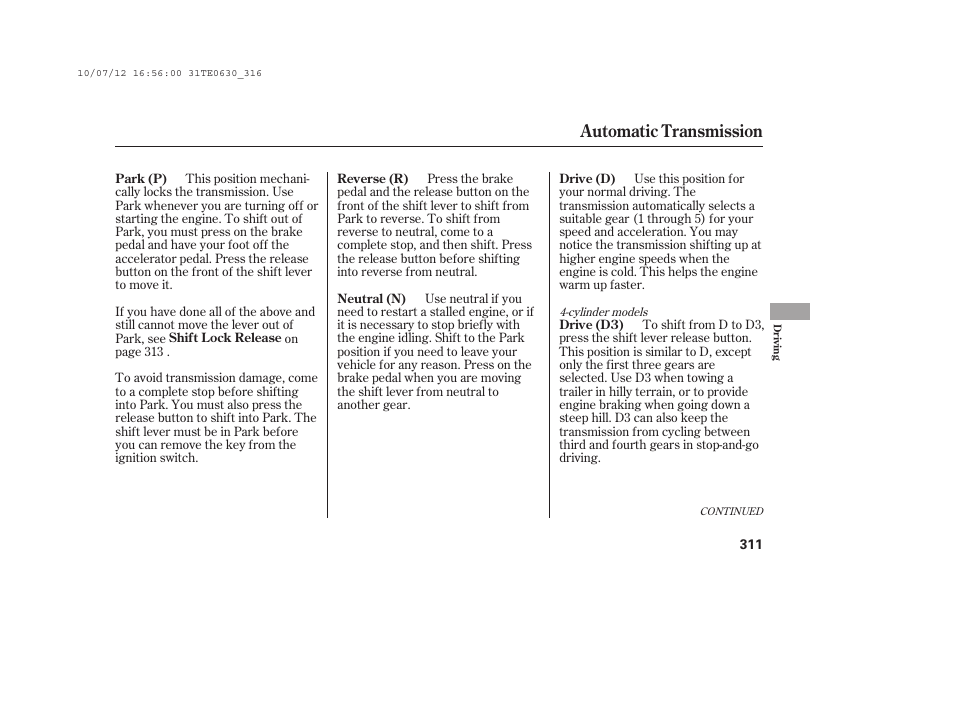 Automatic transmission | HONDA 2011 Accord Coupe User Manual | Page 317 / 458