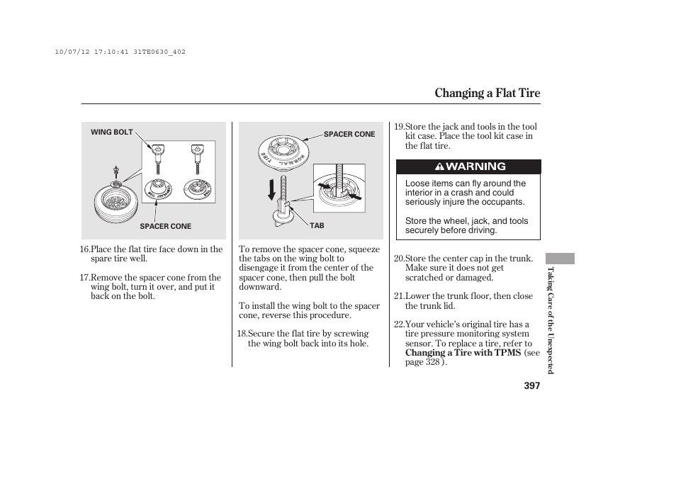 Changing a flat tire | HONDA 2011 Accord Coupe User Manual | Page 403 / 458