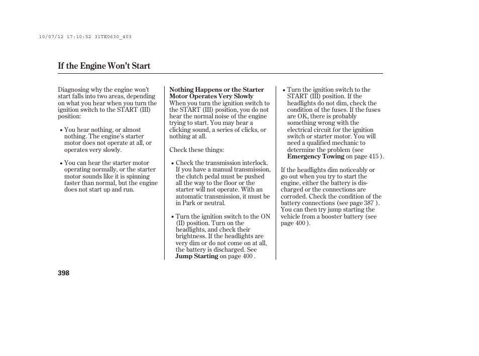 If the engine won’t start | HONDA 2011 Accord Coupe User Manual | Page 404 / 458