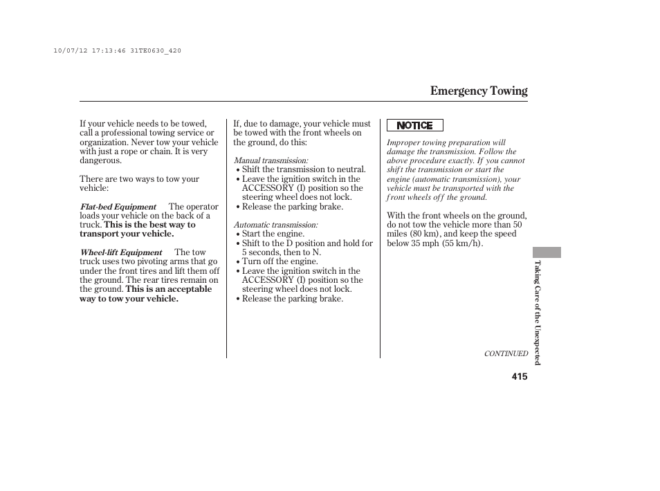 Emergency towing | HONDA 2011 Accord Coupe User Manual | Page 421 / 458