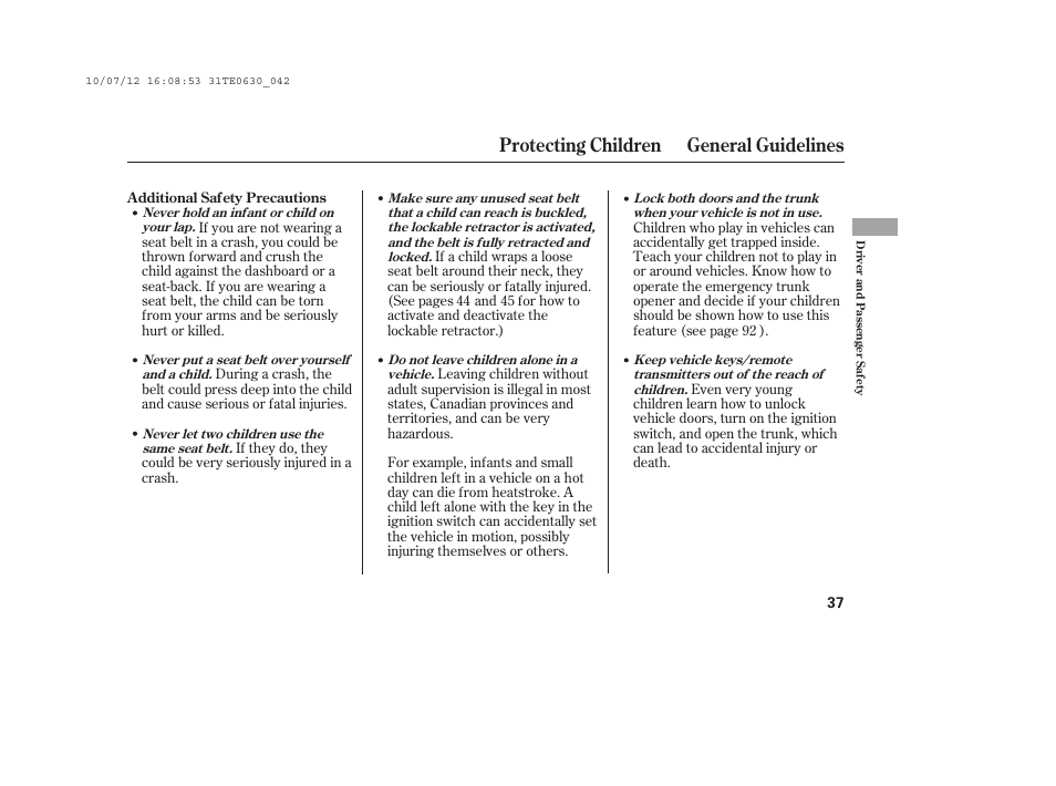 Protecting children general guidelines | HONDA 2011 Accord Coupe User Manual | Page 43 / 458