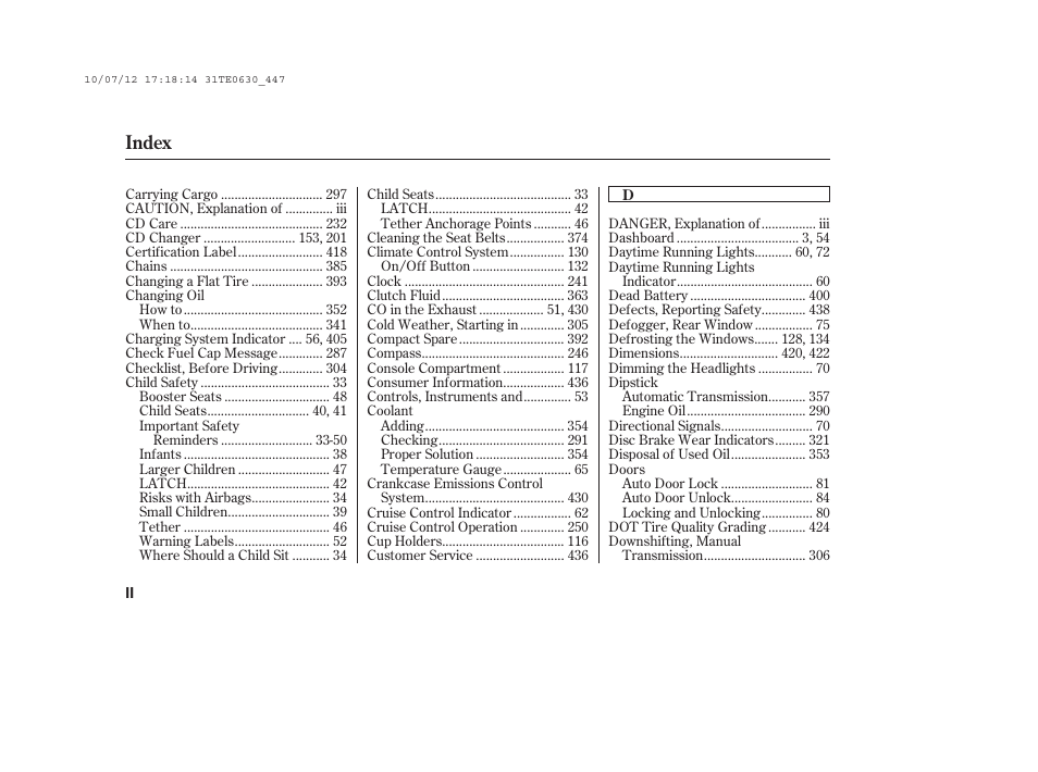 Index | HONDA 2011 Accord Coupe User Manual | Page 448 / 458