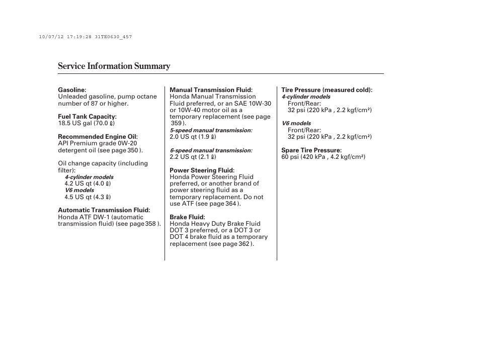 Service information summary | HONDA 2011 Accord Coupe User Manual | Page 458 / 458