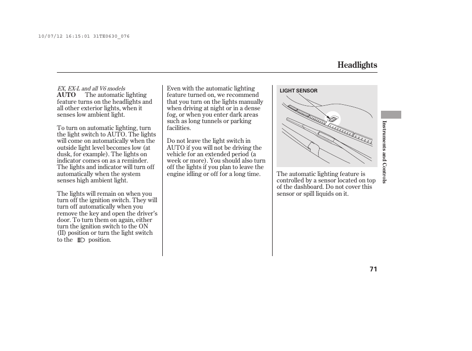 Headlights | HONDA 2011 Accord Coupe User Manual | Page 77 / 458