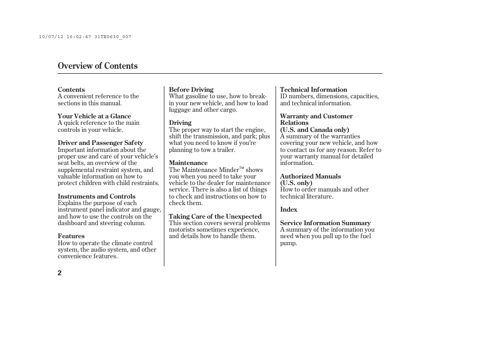 Overview of contents | HONDA 2011 Accord Coupe User Manual | Page 8 / 458