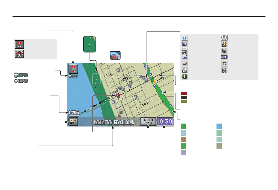 Getting started, Map screen legend | HONDA 2011 Insight Navigation User Manual | Page 20 / 153