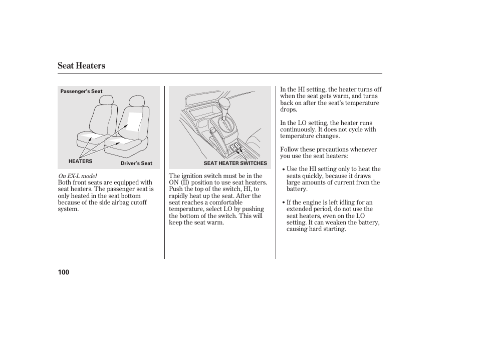 Seat heaters | HONDA 2011 Civic Sedan User Manual | Page 106 / 390