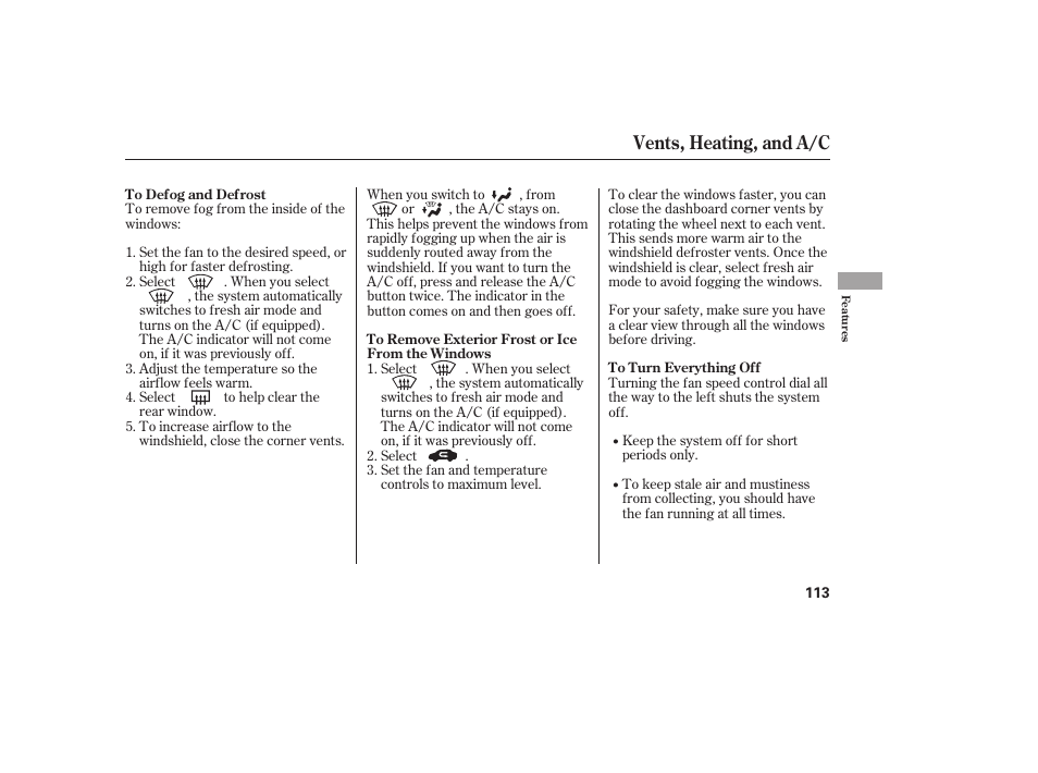 Vents, heating, and a/c | HONDA 2011 Civic Sedan User Manual | Page 119 / 390