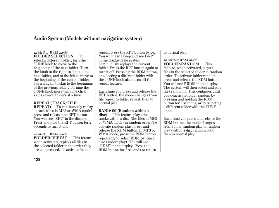 Audio system (models without navigation system) | HONDA 2011 Civic Sedan User Manual | Page 134 / 390