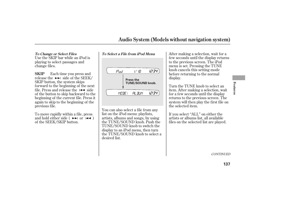 Audio system (models without navigation system) | HONDA 2011 Civic Sedan User Manual | Page 143 / 390