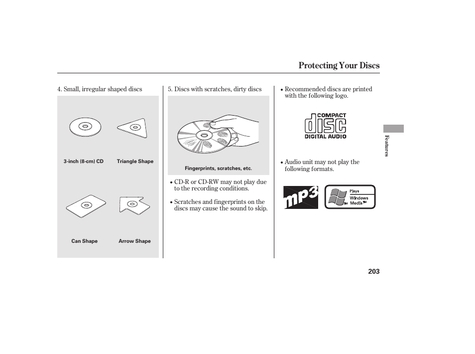 Protecting your discs | HONDA 2011 Civic Sedan User Manual | Page 209 / 390