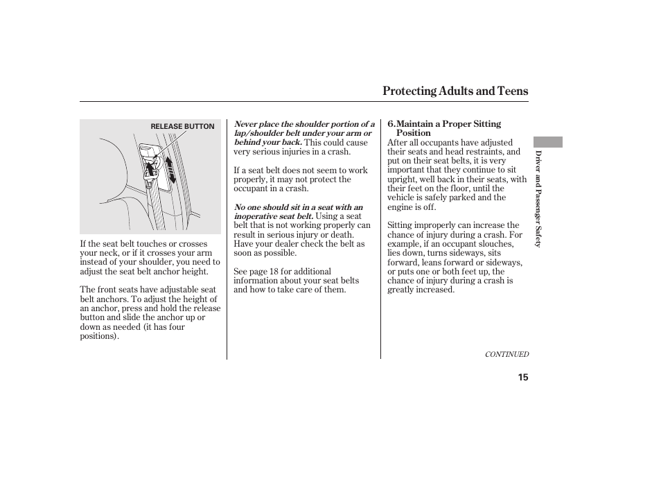 Protecting adults and teens | HONDA 2011 Civic Sedan User Manual | Page 21 / 390