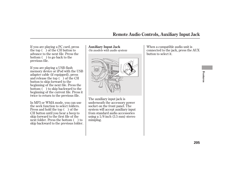 Remote audio controls, auxiliary input jack | HONDA 2011 Civic Sedan User Manual | Page 211 / 390